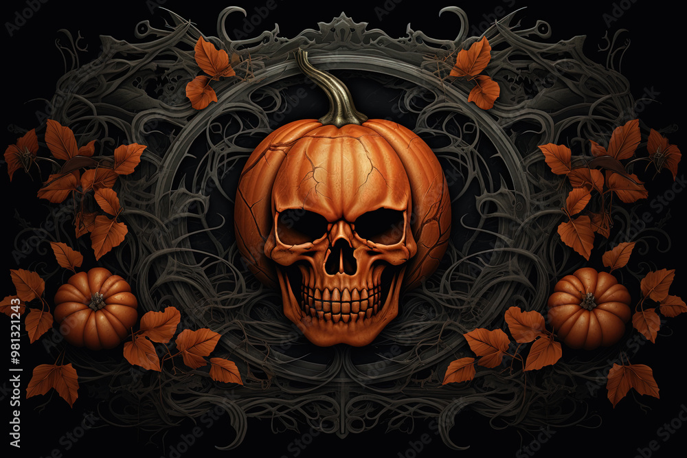 Sticker pumpkin scary skull, halloween background. Generative Ai