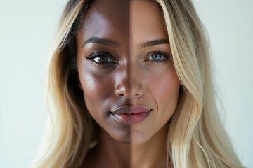 Fototapeta premium close up of woman person face with different color of skin white and black , generative AI