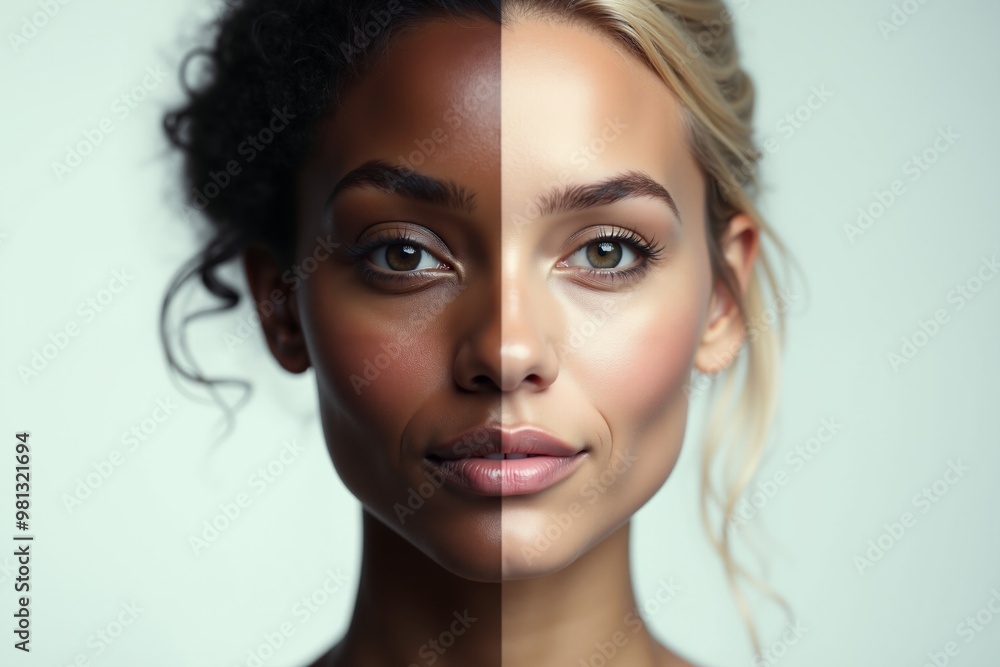 Wall mural close up of woman person face with different color of skin white and black , generative ai