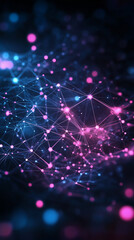 Obraz premium Abstract data flow illustration, Digital web with interconnected nodes and bright lines, Futuristic holographic feel, High-contrast dark background, Complex data transfer patterns