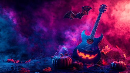 A Halloween-themed advertisement featuring a guitar, combining music and spooky elements. The guitar is decorated with Halloween motifs such as pumpkins, bats, and cobwebs.