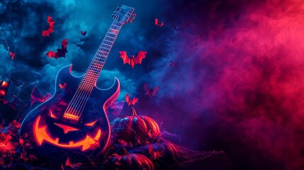 A Halloween-themed advertisement featuring a guitar, combining music and spooky elements. The guitar is decorated with Halloween motifs such as pumpkins, bats, and cobwebs.