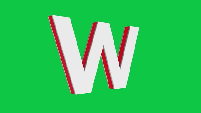 3D W letter logo rotating on green screen chroma key background, 4K English alphabet animation video clip
