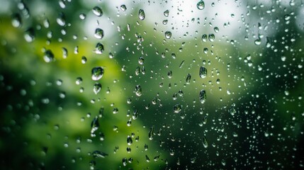 Raindrops on a Window Pane with a Blurred Green Background