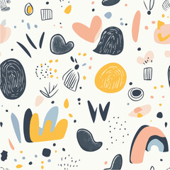 Whimsical vector seamless pattern with playful doodles and pastel color