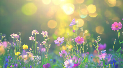 Wildflower Meadow with Sunbeams and Bokeh Lights for Seasonal Greeting Card