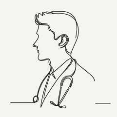 A man with a stethoscope is drawn in a line drawing. Concept of professionalism and expertise, as the man is a doctor. The simplicity of the line drawing emphasizes the focus on the man