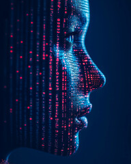 abstract binary background with face, ai and automation advanced technology, futuristic digital innovation