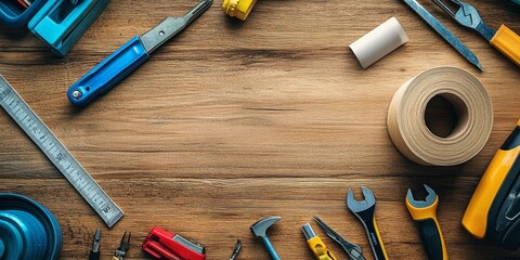 Tools scattered on a wooden surface.