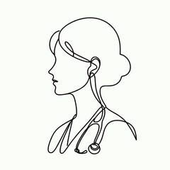 A woman with a stethoscope on her head. She is a doctor. The image is in black and white