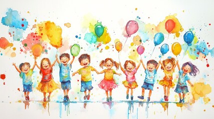 Cheerful children celebrating with colorful balloons, full of joy and laughter. A vibrant watercolor illustration of happiness.