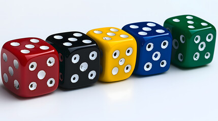 A row of dice in different colors (red, blue, green, yellow)