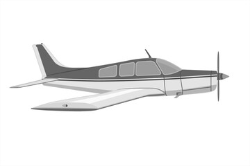 Propeller light aircraft. Single engine propelled aircraft. Airplane side view sketch. Plane in cartoon design. Passenger plane flying in the sky side view.  Flat style vector illustration.