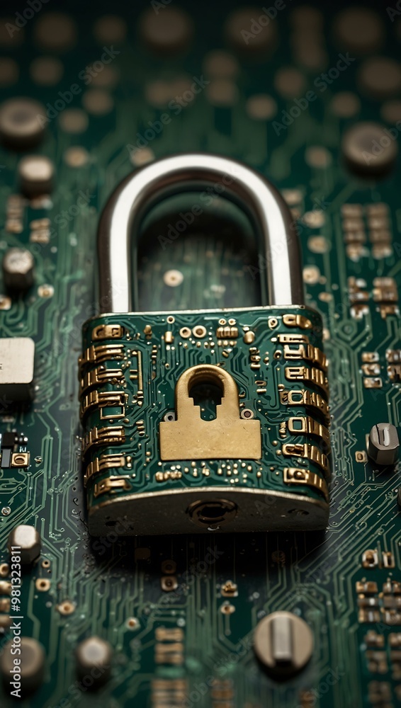 Poster Cybersecurity concept with a padlock on a circuit board.