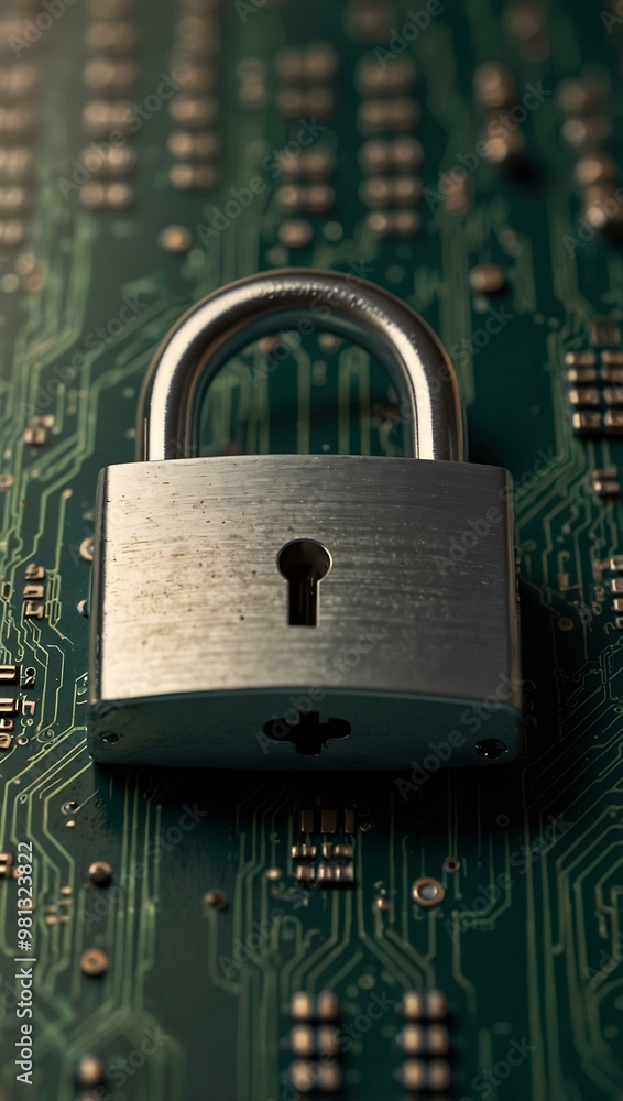 Poster cybersecurity concept with a padlock on a circuit board.