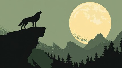 Halloween A wolf howls at the moon in a dark, moody landscape