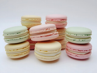 A selection of pastel-colored macarons stacked in a pyramid