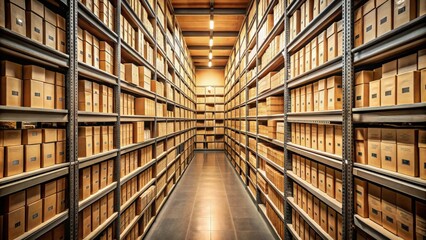 Obraz premium Historical records room with shelves of old archive boxes and empty labels , archival, records, storage, document