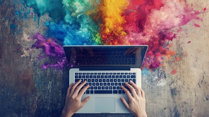 A vibrant splash of colors emerges from a laptop, symbolizing creativity and innovation in the digital age.