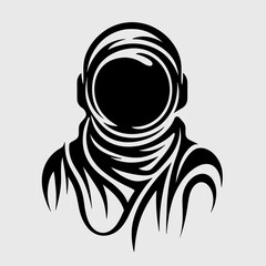 A black and white astronaut with a helmet on. The astronaut is wearing a black and white striped scarf