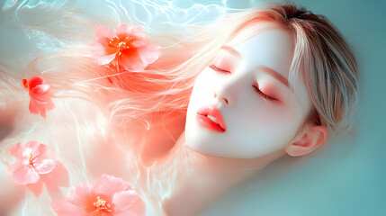 Woman Relaxing in Water with Flowers