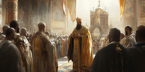 Obraz premium A crowned man in robes leads a group of people.