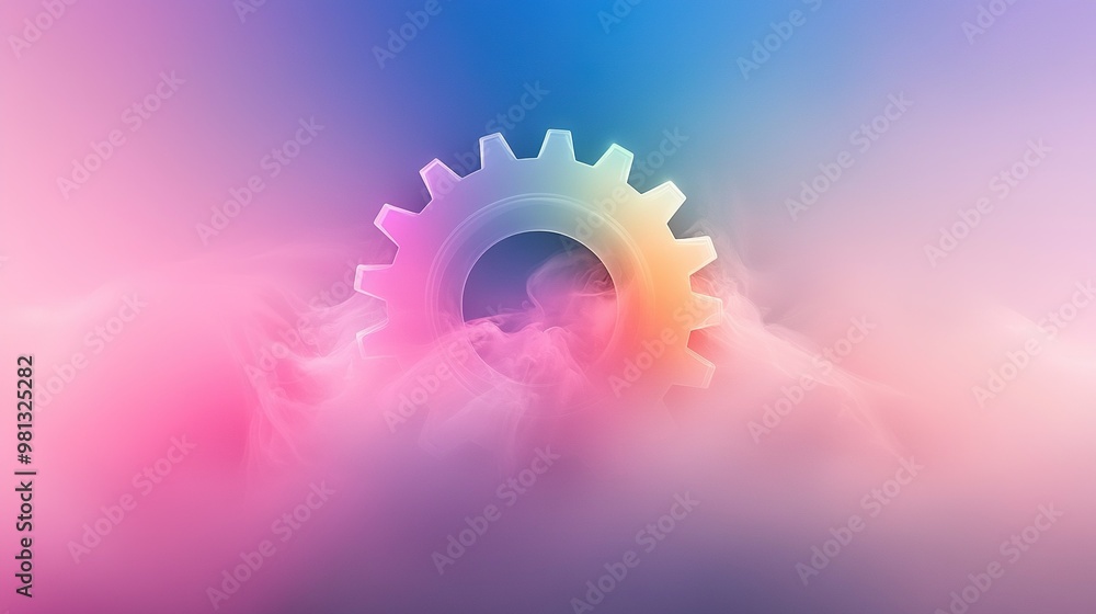 Poster a zoomed in picture featuring a vibrant backdrop with a gear on its left edge, and a hazy background