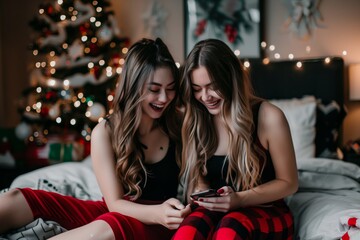 Celebrate the festive season with two women in cozy holiday pajamas, sharing joy and laughter by the Christmas tree, creating special memories together in the warmth of the season