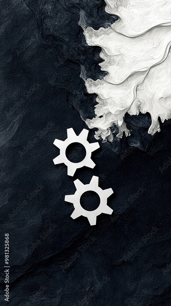 Poster a monochrome image of two gears against a dark backdrop with a water wave in the background