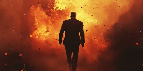 Man walks towards fiery explosion.