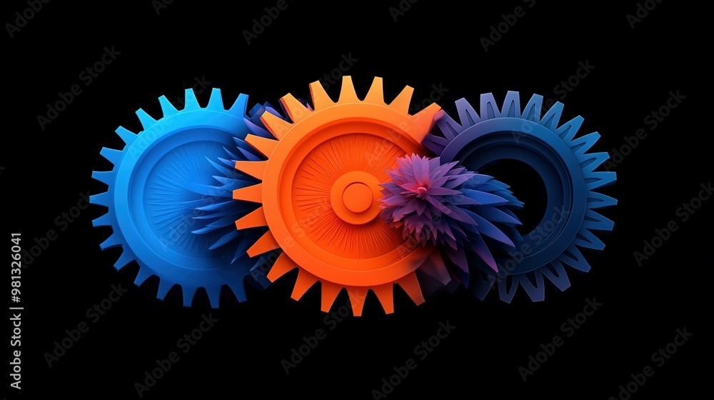 Poster a close-up of three colorful gears on a black background with a blue one in the center of the image