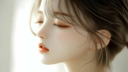 Digital Art, Realistic Portrait, Female Face, Soft Lighting, Close-up, Eyes Closed, Delicate Features,  Brown Hair, Subtle Makeup