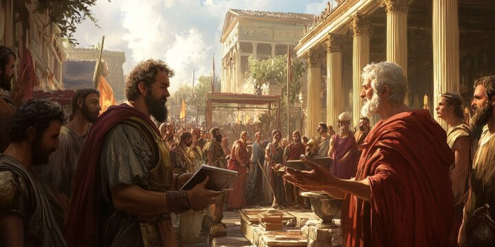 Fototapeta Two men in ancient Rome discuss a book.