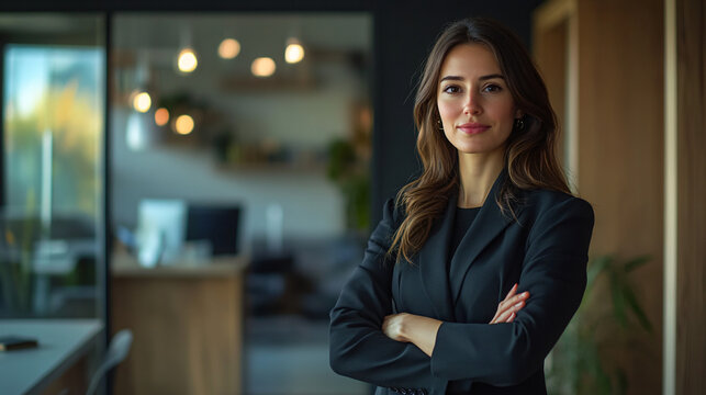 Female executive stands confidently in her office with her arms crossed, exuding calmness