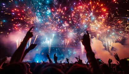 Fototapeta na wymiar A vibrant fireworks show captivates festivalgoers under the night sky, creating an exciting celebration and joy at a summer festival. The colorful display mesmerizes with thrilling explosions