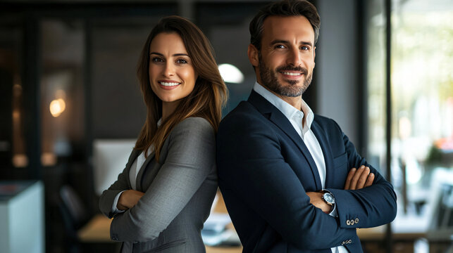 Two business executives pose back to back in their office, arms crossed and smiling