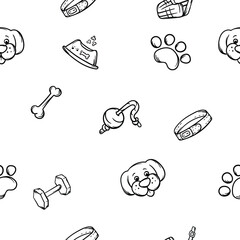 Simple black and white seamless pattern with toys, accessories, grooming items for dogs. Vector background for the pet stores, pet products, veterinary clinics. Design for wrapping paper, print