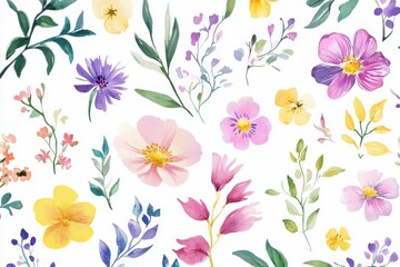 Obraz premium These stunning watercolor illustrations of beautiful flowers and plants are perfect for creating enchanting decorations for weddings, charming greeting cards, and various naturethemed designs