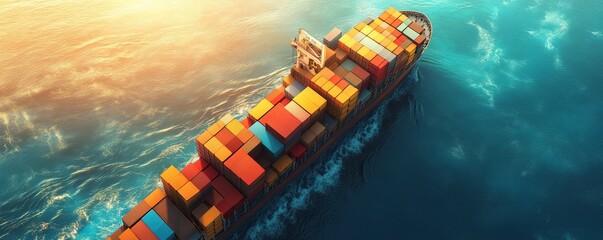 Aerial 3D Perspective Illustration of Cargo Containers on Ship at Sea, Emphasizing Global Trade and Logistics.