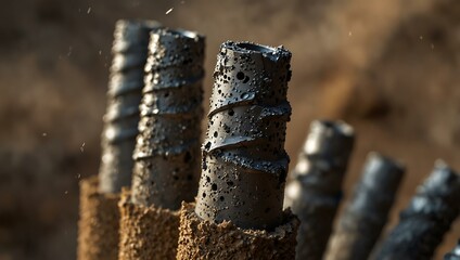 Detailed close-up of spinning drill bits covered in rock dust during mining.
