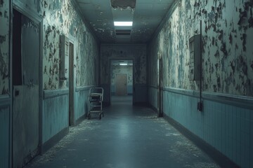 Eerie Abandoned Asylum Hallway: Flickering Lights and Haunting Shadows of Despair