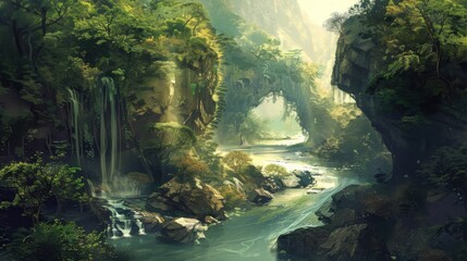A lush green forest with a river flowing through it