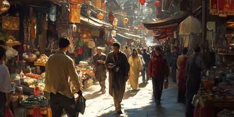 Fototapeta premium Crowded market street with vendors and shoppers.