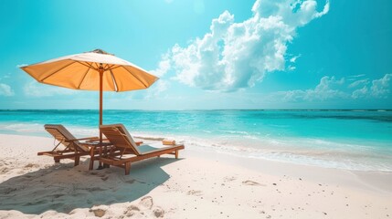 Fototapeta premium A beach scene with a yellow umbrella and two lounge chairs