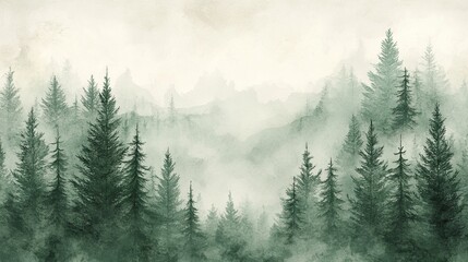 Serene Coniferous Forest Watercolor Illustration with Spruce Trees on White Background