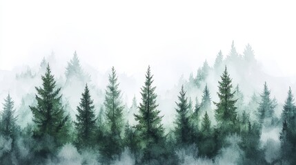 Fototapeta premium Serene Watercolor Illustration of Coniferous Forest with Spruce Trees on White Background