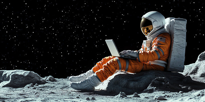 astronaut with laptop on the moon, AI generated