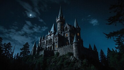 Eerily haunting gothic castle standing tall atop a craggy hill under moonlit night sky
