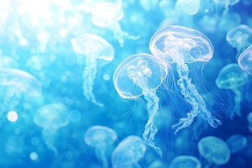 Obraz premium Serene Jellyfish Ballet in the Sunlit Blue Sea | Generative AI Illustration
