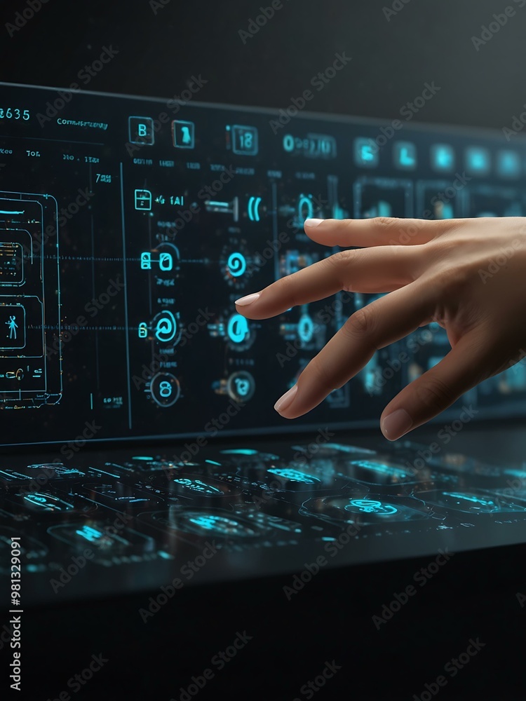 Poster digital interface with a hand interacting.